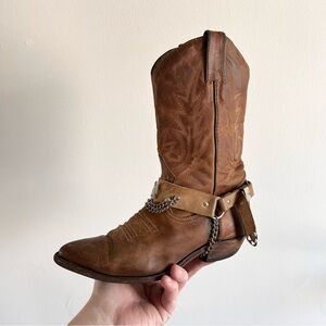 Boulet Brown Leather Cowboy Boots with Chain Harness